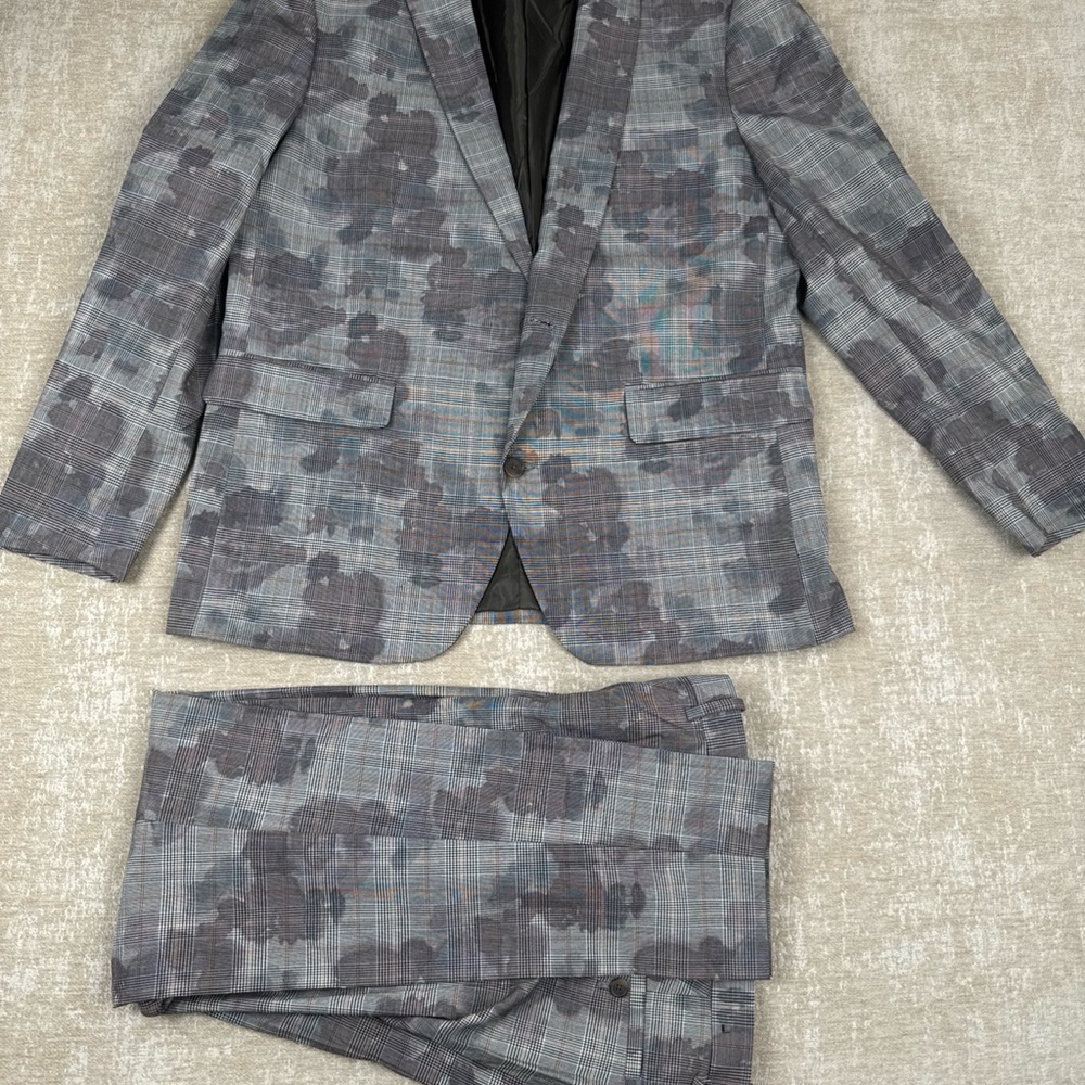 Inc International Concepts 2PC Pant Suit Men’s Large Gray Slim Fit Camo Plaid
